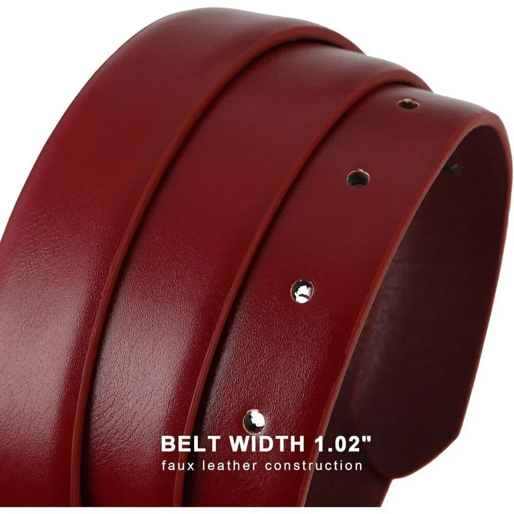 Women's Red Faux Leather Waist Belt With Gold Silver Buckle Casual Jeans Pants